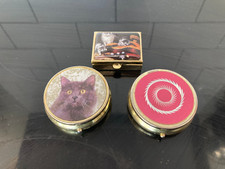 Vintage Collectable Pill Box x 3 - Round & Rectangle - Cat Motif