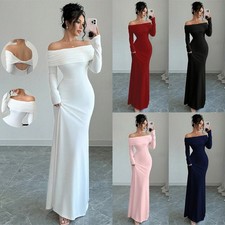 Womens Stretch Long Sleeve Maxi Dress Bardots Backless Party Cocktail Dresses UK