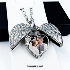 Personalised Photo Necklace Heart Angel Wings Locket Valentine Gift with Text