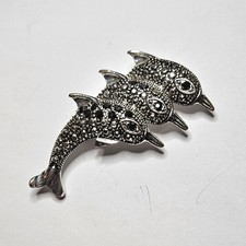 Vintage Marcasite Triple Dolphin Brooch In Lovely Condition 