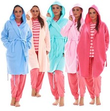Ladies Fleece Hooded Dressing Gown Soft Warm Bathrobe Housecoat Nightwear Robe