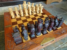 Vintage Chinese Chess Set Hand Carved Wood Folding Storage Case 1970's