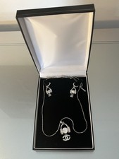 Chanel vintage Necklace And Earring Set In Box, White Gold Plate, Cubic Zirconia