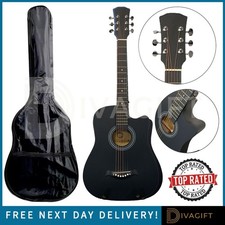 BLACK ACOUSTIC GUITAR 38 INCH ADULT SIZE CUTAWAY HARDWOOD FINISH STEEL STRINGS