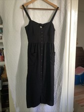 Next Black Linen Blend Sleeveless Button Tie Back Midi Dress Size 12