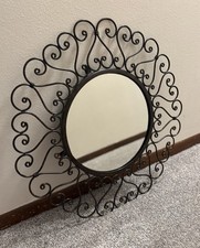 Vintage Wrought Iron Wall Mirror 24" Scroll Heart Design Spanish Revival