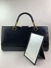 Hilmar Vintage 1960s Black Moc Croc Leather Handbag Suede Lined & Large Mirror