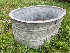 Vintage Galvanised  Zinc Metal Bath Tub Planter Garden Design Flowers Trees - VG