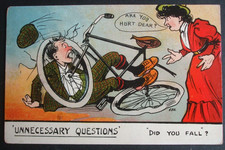 1910 NATIONAL SERIES Comic BIKE BICYCLE CRASH UNNECESSARY QUESTION ARE YOU HURT