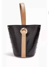 Topshop Bucket Bag Black Oval Round Bag Brown Handle Clasp Close
