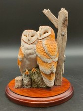 Charming Barn Owl Pair Figurine on Wooden Plinth by Sherratt & Simpson – 14 cm