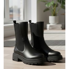 Women’s Black Chunky Chelsea Boots – Mid Calf Faux Leather Platform Sole Winter