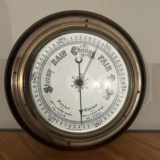 Vintage Round Brass Barometer Mounted on Mahogany Needs Attention (Loose Hand)