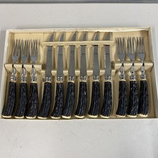 Vintage 12 Piece Steak Knife & Fork Set -Faux Stag Antler bone Handles