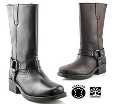 Mens Leather Pull On Western Harness High Leg Biker Riding Boots Shoes Size