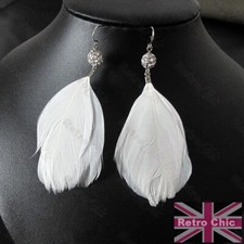 BIG FEATHERS Large 8cm long EARRINGS silver rhinestone CRYSTAL BALL FEATHER DROP