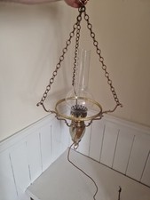 Vintage Brass & Marble Hanging Ceiling Oil Lamp Electric Glass Shade Chandelier 