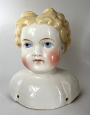 Antique German Large China 5” Doll Head Blonde Curles Blue Eyes 1800s