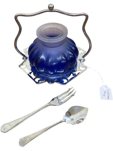 Vintage blue glass condiment - glass,