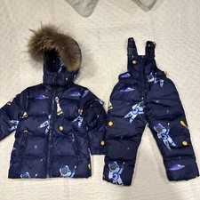 Kids Ski Blue Astronaut Snow Jacket Real Fur Hood Matching Pants Sz 110 4-5 Y