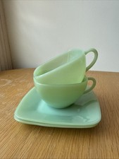 Jadeite Fire King Cup & Saucer x 2 Sets Charm Green Jadite Square Vintage