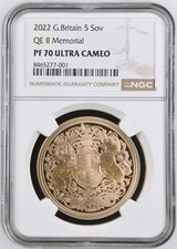 2022 GOLD Proof Five Pounds, Queen Elizabeth II Memorial, NGC PF70 ULTRA CAMEO