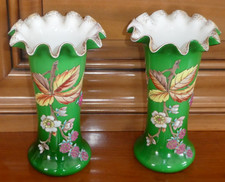 2 Green Opaline Enameled Blown