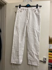 Woman’s ZARA white Denim Straight Jeans 5 Pockets button Fly Frayed Ankles eur38
