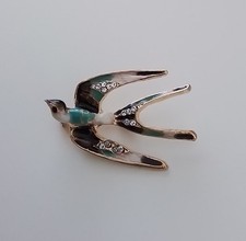 Swallow Bird Crystal Brooch Green Enamel Gold Tone Pin Vintage Retro Deco Look 