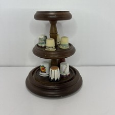 Vintage Enesco Thimble Stand Display Wooden With Thimbles 1983 3 Tier