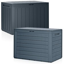 Anthracite 190L Wood Design Outdoor Storage Box Garden Patio Plastic Chest Lid