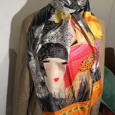 Long Scarf Beautiful Silk Or Silk Like Flapper Design Black White Orange Yellow