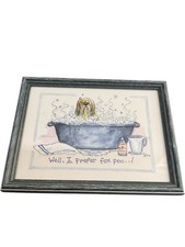 Humorous Framed Art Print Bathing Dog Cartoon Illustration 