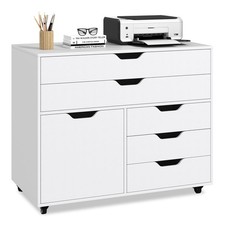 COSTWAY 5-Drawer Chest Mobile Chest of Drawers with 5 Casters & Door-White