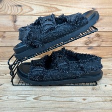 Zara Sandals Womens Size Uk 7 Black Flat Slider Tweed Fabric Rhinestones Shoes