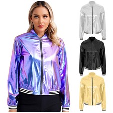 UK Women Shiny Metallic Jacket Baseball Coat Outerwear 70s Disco Party Costume