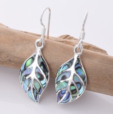 Abalone Shell Leaf Dangle Drop Earrings Sterling Silver 925 High Polish Finish