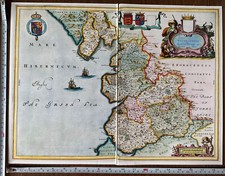 Rare Old Antique Tudor Blaeu Picture Map Lancashire England 1600s REPRINT