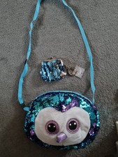 Girls Blue Sequin Owl Handbag With Sequin Coin Purse