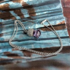 Antique STERLING SILVER Purple Glass Thistle Drop Pendant Choker Chain Necklace