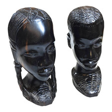 Carved Wood African Busts x2 Tribal Art Display Male and Female Ebony
