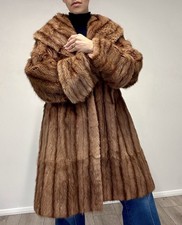 Vintage Real Fur Mink Coat Brown Shawl Collar Hook Fastenings Mid Length 8-12 Uk