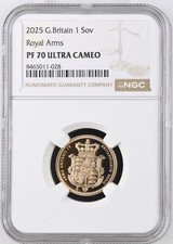 2025 Royal Mint UK Gold Proof Royal Arms Full Sovereign Merlen Shield NGC PF70