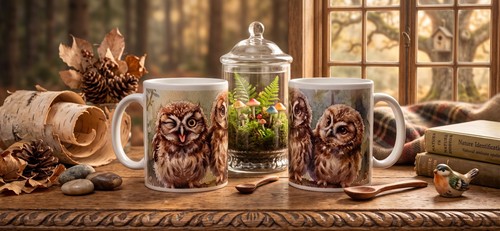 Coffee mugs set - set, owls