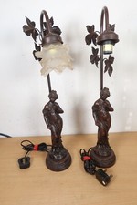 Pair of Art Nouveau Lady Figure Bronze Resin Style Table Lamps Floral Leaves x2