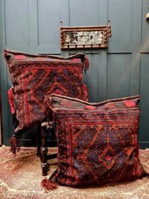 Pair of XL Antique Middle Eastern Handmade Wool Carpet Saddlebag Floor Cushions