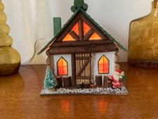 Vintage Christmas Light Up Log Cabin House Santa Workshop Kitsch
