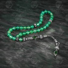 1000 Ct Silver Turkish Kazaz Green Agate Islamic 33 Prayer Beads Tasbeeh Rosary