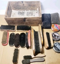 Vintage Wooden Shoe Shine Box with 15 Various  Shoe Brushes & Accessories