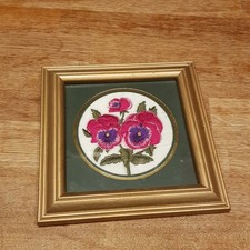 Framed floral embroidery pansy - framed,
